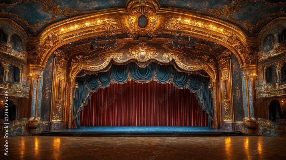 Fototapeta premium Ornate Gold Theater Stage Awaits Curtain Rise