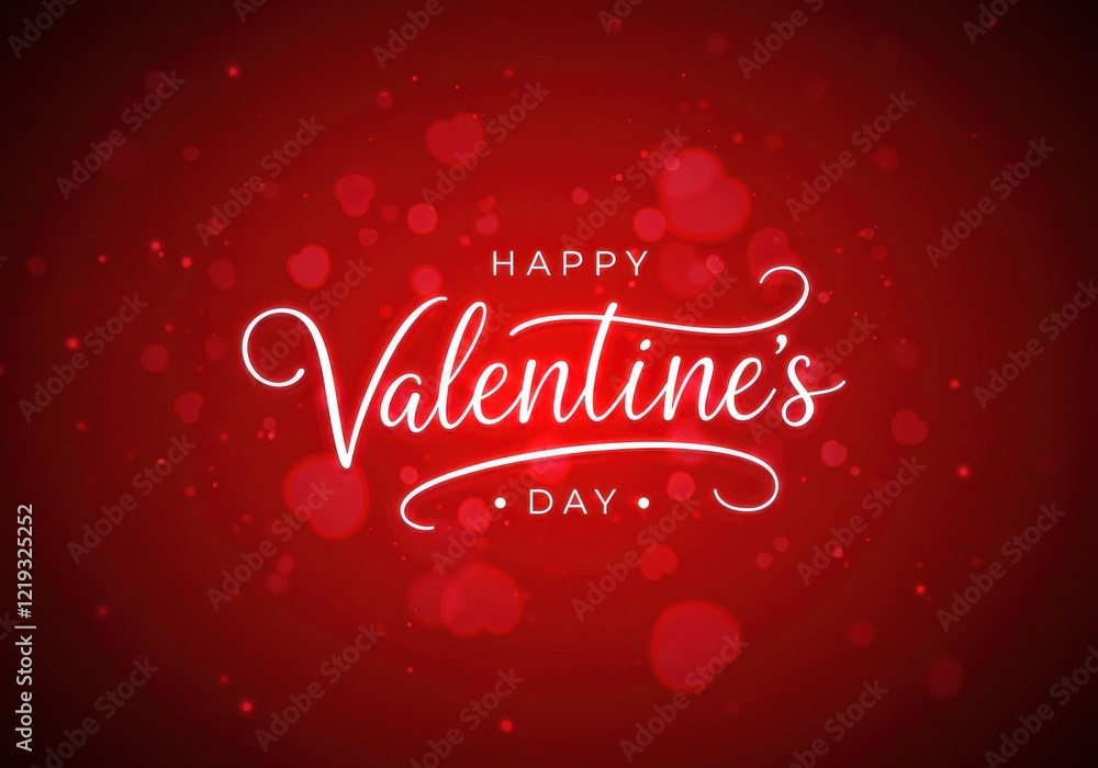 Naklejka premium Valentine's Day greeting card, elegant white cursive text, vibrant red background, glowing neon effect, romantic atmosphere, blurred edges, digital illustration,