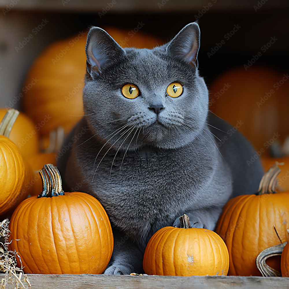 chartreux cat exploring pumpkin patch chartreux cat exploring pumpkin patch