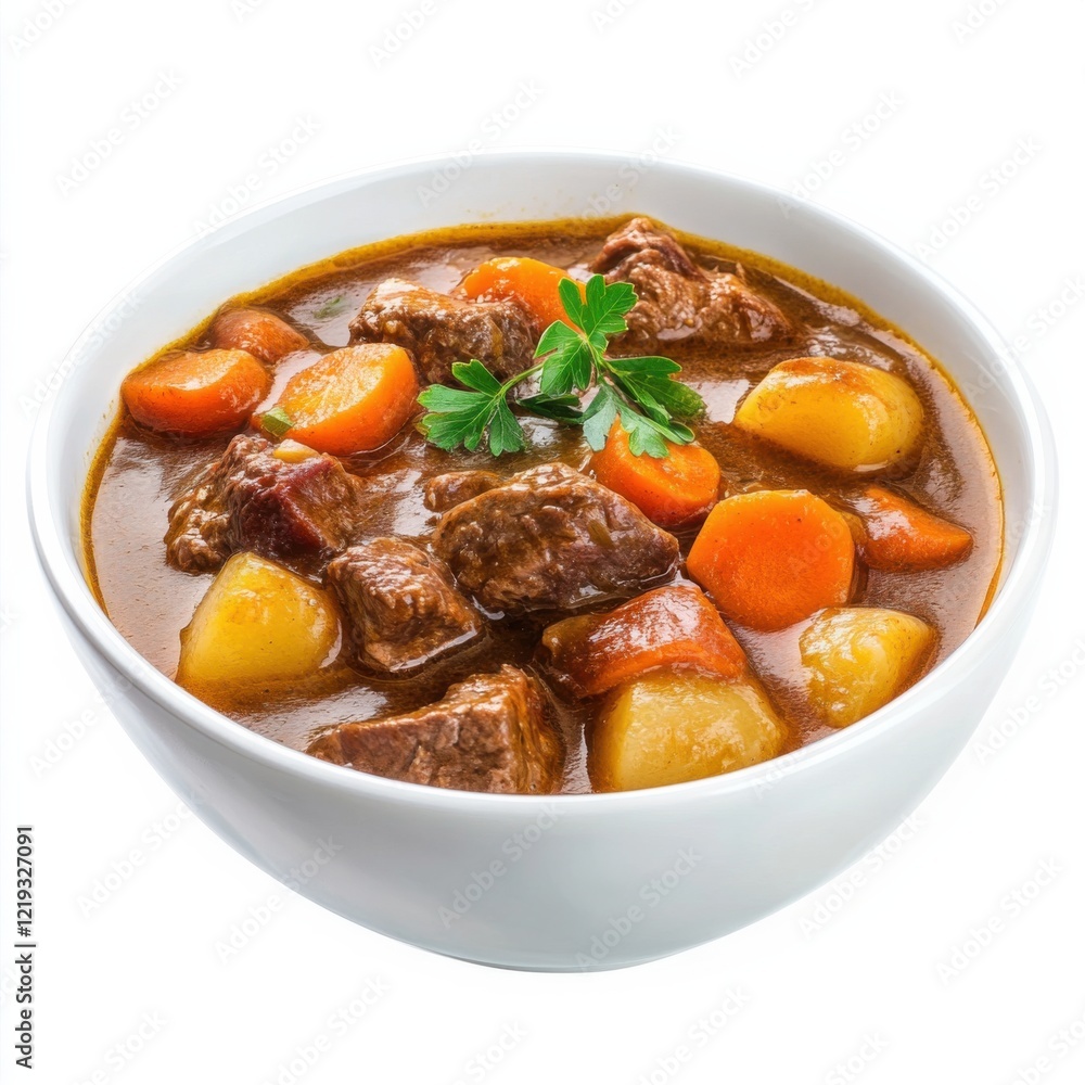 A hearty beef stew with carrots and potatoes, isolated white background, impressionist art style A hearty beef stew with carrots and potatoes, isolated white background, impressionist art style