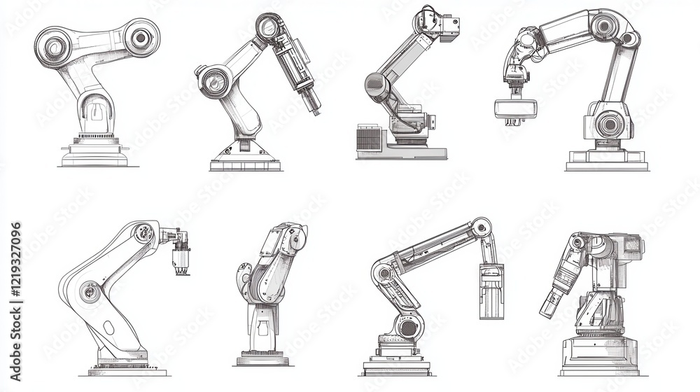 Industrial robotic arm set. Isolated robotic arm automation outline icons. Industrial robot hand line contour drawings. Flat vector machine technology, manufacturing, production industry Industrial robotic arm set. Isolated robotic arm automation outline icons. Industrial robot hand line contour drawings. Flat vector machine technology, manufacturing, production industry