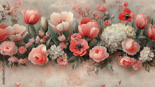 Elegant seamless floral garland with pale pink and creme tulips and white hydrangea.