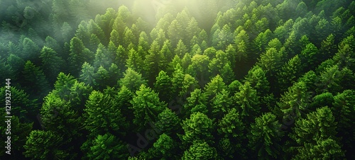 refreshing nature scenery landscape, peaceful spring season, aerial view coniferous tree under sunlight 