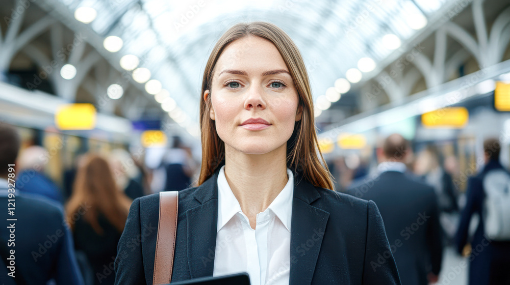 A woman in a business suit stands in a crowded train station A woman in a business suit stands in a crowded train station