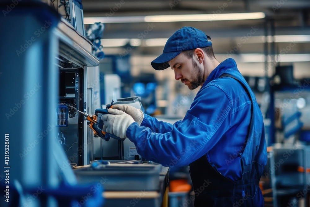 Skilled technician repairing equipment in a modern workshop environment during daylight hours Skilled technician repairing equipment in a modern workshop environment during daylight hours