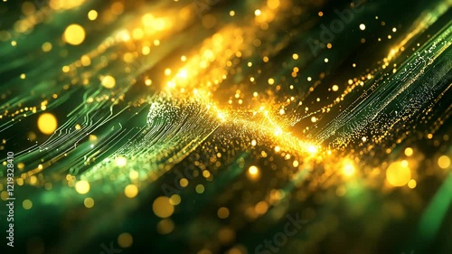 Immerse yourself in a breathtaking visual journey through shimmering streams of golden light and intricate green circuit patterns. Experience the fusion of technology and art.