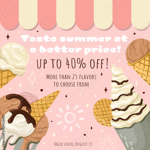 Playful Ice Cream Discount Coupon template. Editable flyer for gelato cafes. Vector.