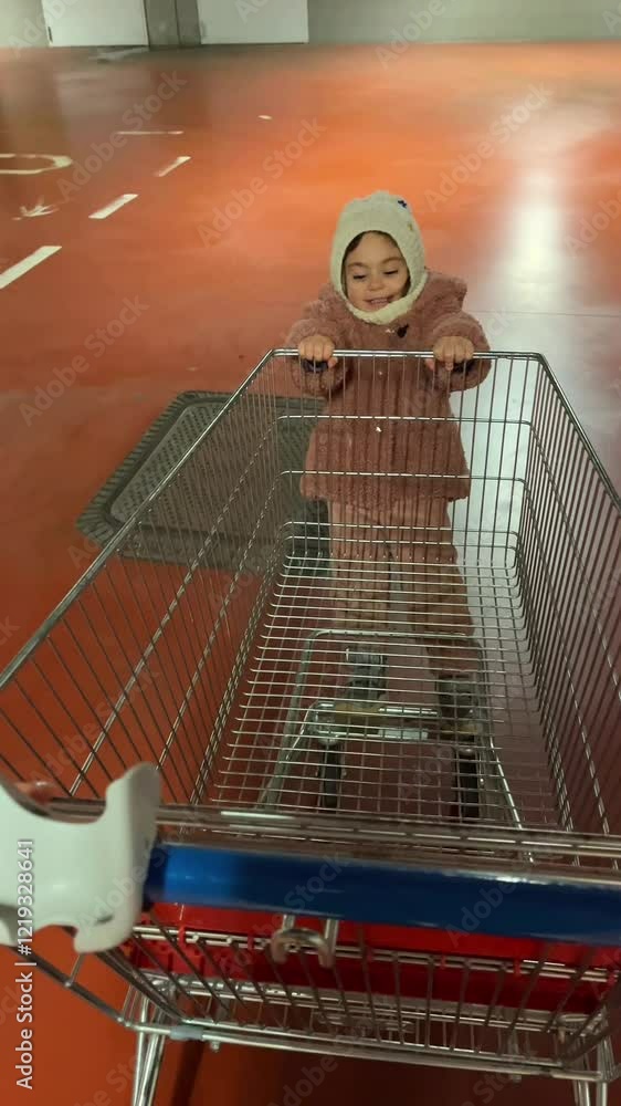 vertical video of a toddler girl having fun riding on supermarket ...