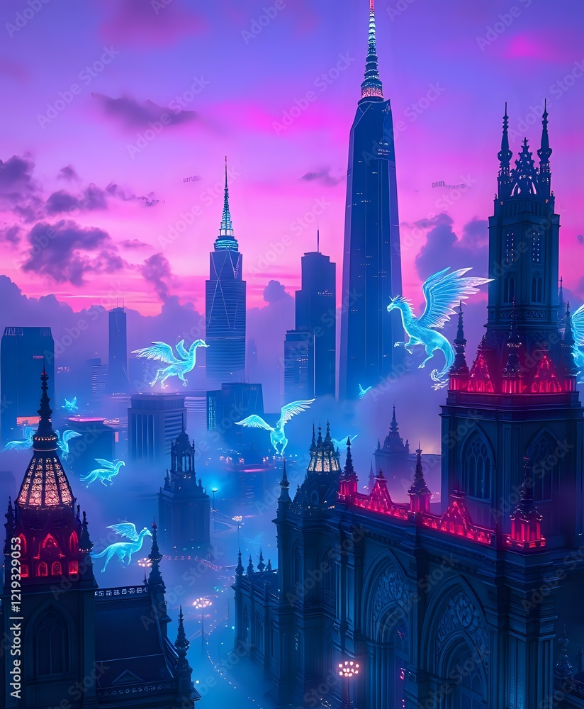 Fototapeta premium Mystical Cityscape at Dusk with Flying Dragons