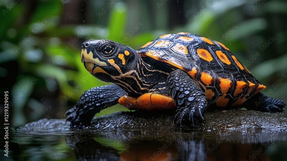 Obraz premium Vibrant Yellow-spotted River Turtle in Lush Green Habitat