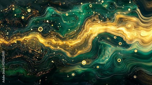 Dive into a mesmerizing digital art piece where swirling emerald and golden patterns create a river of light. This captivating visual journey blends nature's fluidity and cosmic wonder. 