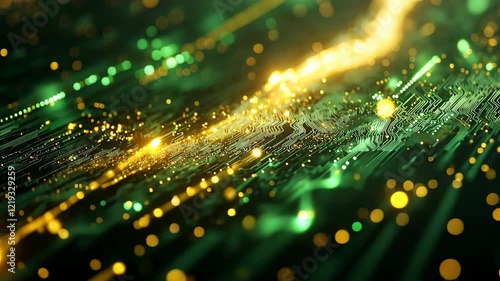 Journey through a mesmerizing landscape of shimmering golden lights dancing over intricate green circuits. This video showcases the fusion of digital art and dazzling technology.