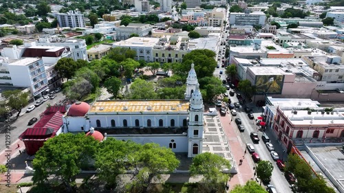 Aerial video of the Catedral Nuestra, Senora de Guadalupe, Ponce, Puerto Rico.