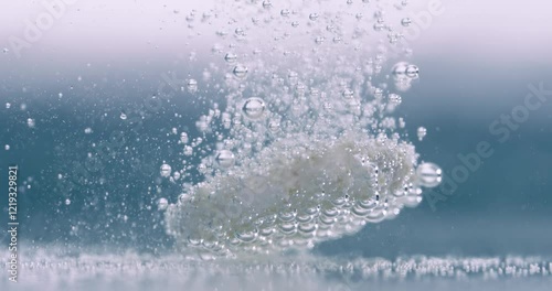 Extreme Close-up effervescent tablet, pill bubbling underwater. Shot on super slow motion camera 1000 fps.
