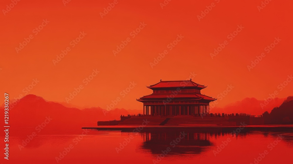 Red Chinese Temple reflecting on water at dusk, artistic style, Generated AI Red Chinese Temple reflecting on water at dusk, artistic style, Generated AI