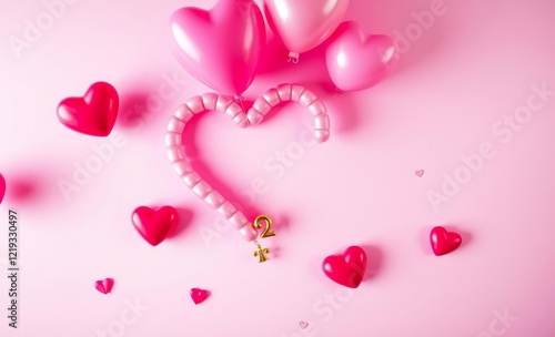 Valentine's day background, pink hearts, rose petals, heart-shaped arrangement, romantic composition, soft lighting, pastel pink backdrop, love concept, delicate details, glossy texture, dreamy atmosp photo