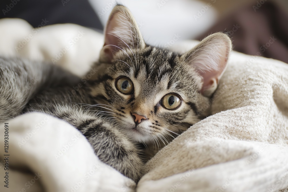 A playful tabby cat nestled in a cozy blanket exudes warmth and comfort in a relaxed setting. A playful tabby cat nestled in a cozy blanket exudes warmth and comfort in a relaxed setting.