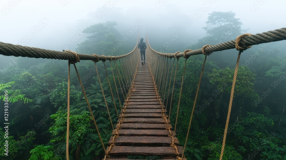 Obraz premium Acrophobia, Fear of Heights Concept, Person Walking on a Narrow Rope Bridge Surrounded by Dense Fog in a Lush Jungle Landscape