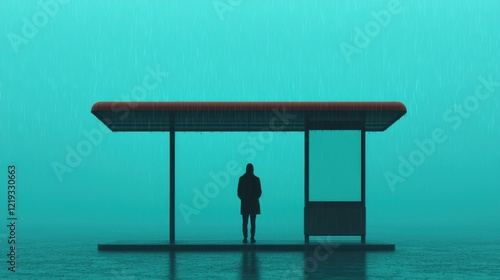 A solitary man waiting at a bus stop in the pouring rain surrounded by a moody atmosphere and urban landscape at dusk
