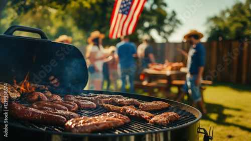 Photograph of a barbecue pit in a backyard filled with grilling meats, a group of friends in the background wearing cowboy hats, and a Texas flag hanging on the fence