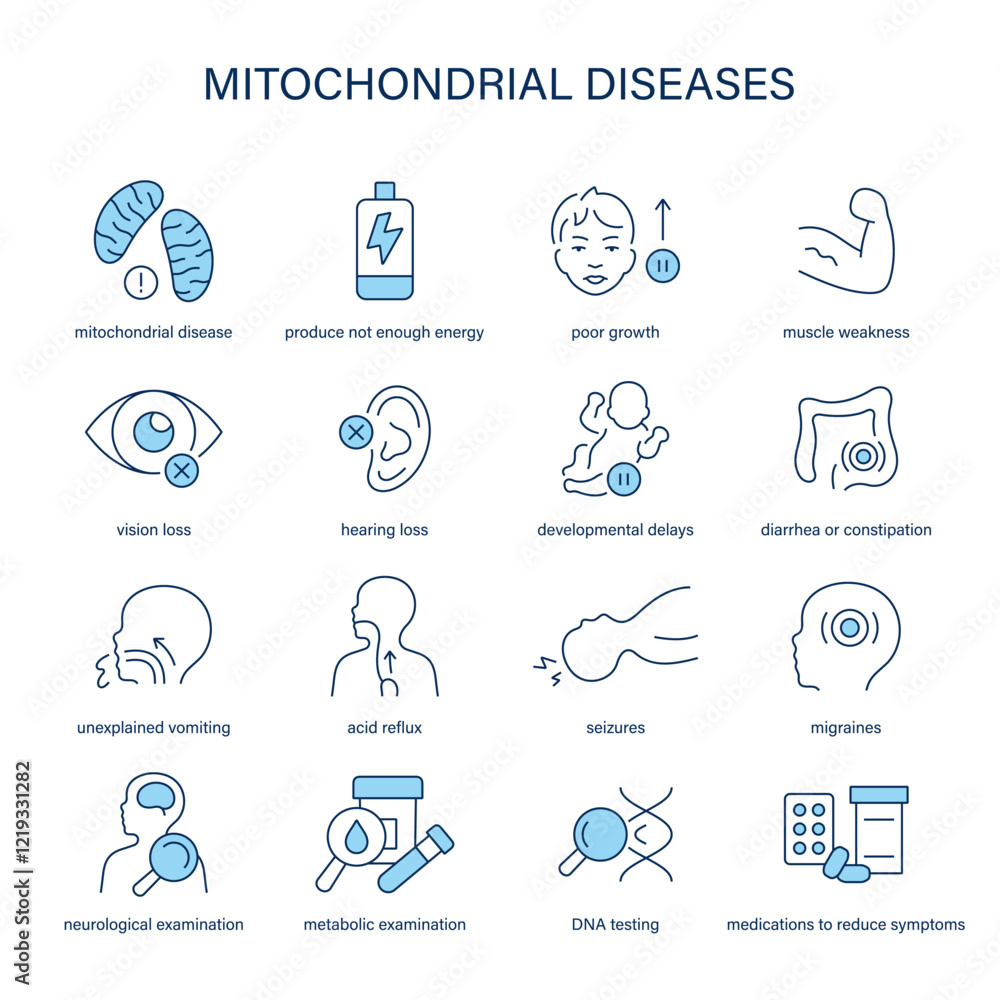 Mitochondrial Disease symptoms, diagnostic and treatment vector icon set. Medical icons. Mitochondrial Disease symptoms, diagnostic and treatment vector icon set. Medical icons.