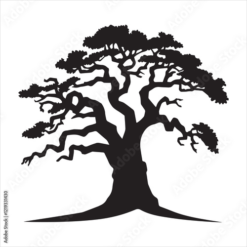 A striking, black silhouette of a mature tree, likely a bonsai or a stylized representation of one.