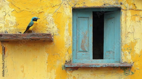 Solitary Bird on a Weathered Yellow Wall