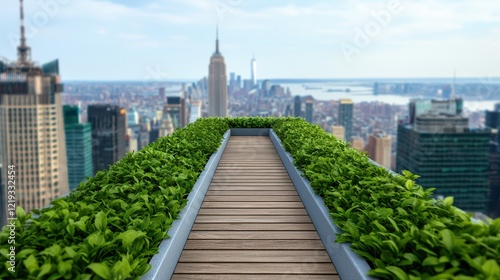 Acrophobia, Fear of Heights Concept, Serene Rooftop Garden with Narrow Pathway Overlooking a Stunning Cityscape on a High Rise Building photo