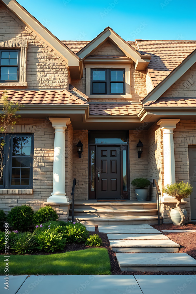 Luxury Home Exterior: Brick Facade, Landscaping, and Modern Design Luxury Home Exterior: Brick Facade, Landscaping, and Modern Design