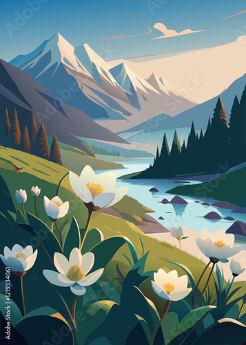 Tranquil alpine scene with blooming flowers and a crystal-clear river.