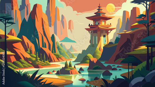 Serene Mountain Landscape with Traditional Pagoda and River.