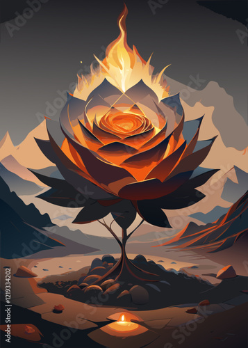 Mystical Flaming Rose Blooming in a Desolate Mountain Landscape.