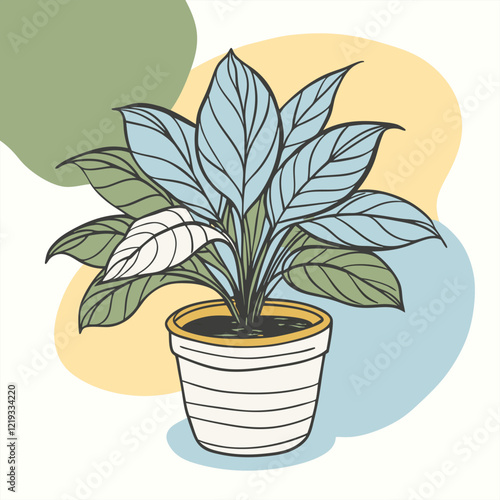 Green and blue potted plant with large leaves in a white striped pot.