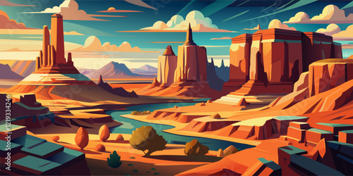 Majestic Canyon Landscape With River And Rock Formations.