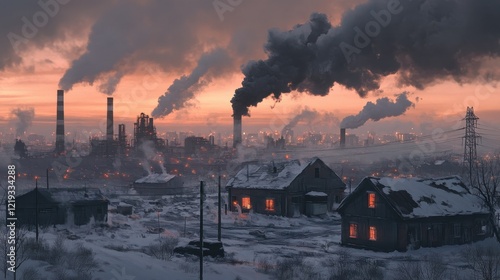 A factory emitting dark smoke into the air, with nearby houses covered in soot, symbolizing the impact of industrial pollution on communities. photo