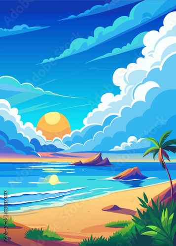 Serene beach at sunset with palm trees and distant islands.