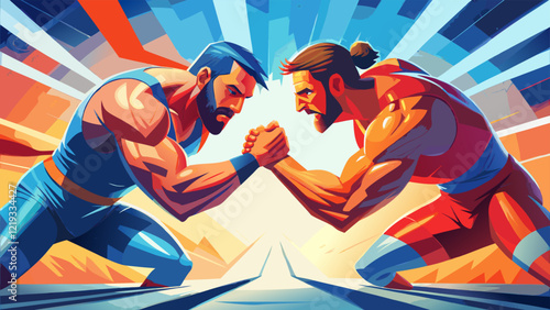 Intense Arm Wrestling Match Between Two Strong Men.