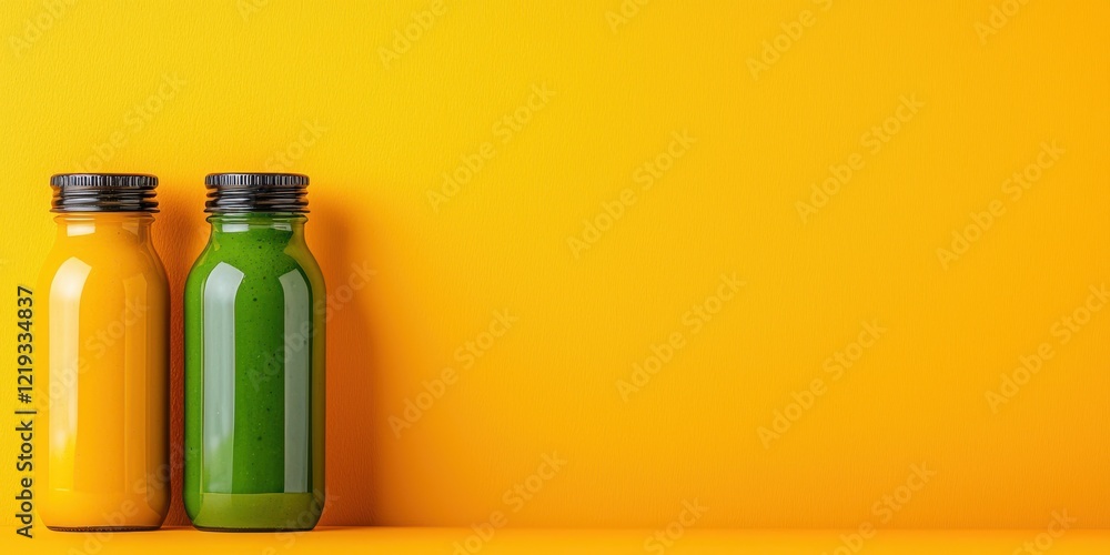 Two vibrant glass bottles of juice, one yellow and one green, placed against a bright yellow background. Two vibrant glass bottles of juice, one yellow and one green, placed against a bright yellow background.