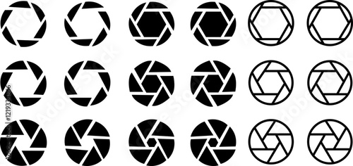 Camera shutter icons set. Camera lens diaphragm. Lens aperture, photo shutter, photo lens, shutter lens, camera shutter and camera lens icon collection 