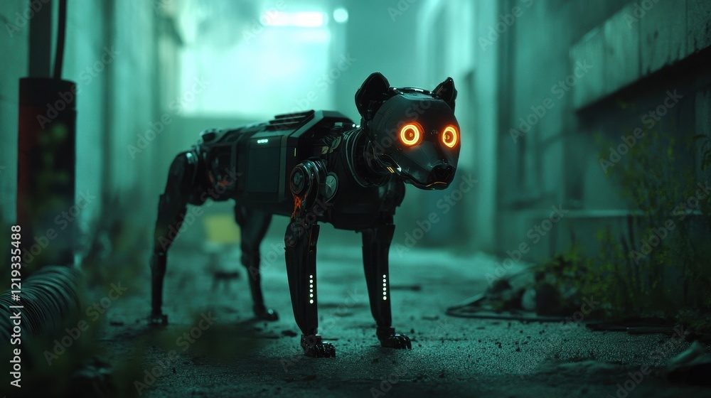A robotic dog with glowing eyes stands in a dimly lit area A robotic dog with glowing eyes stands in a dimly lit area