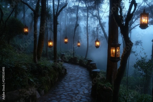 Enchanted Pathway Through Misty Forest with Glowing Lanterns Illuminating the Touristic Trail Surrounded by Lush Trees at Twilight