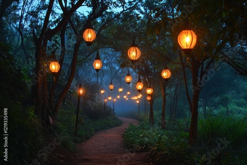 Enchanted Pathway Lined with Lanterns Illuminated by a Gentle Glow in a Misty Forest Setting at Dusk