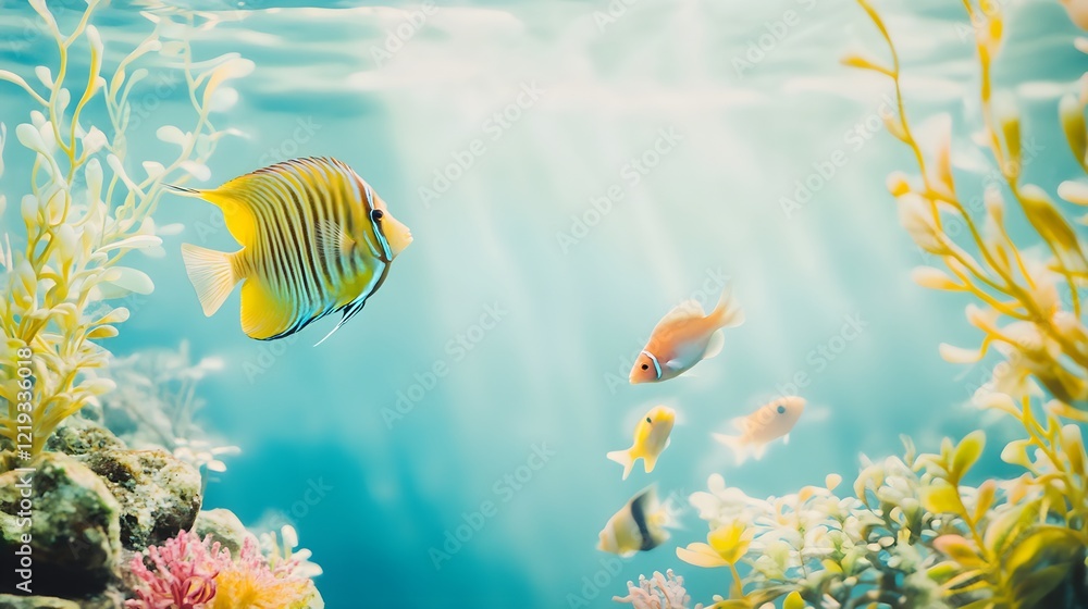 Fototapeta premium Close-up View of Beautifully Designed Aquarium with Colorful Fish