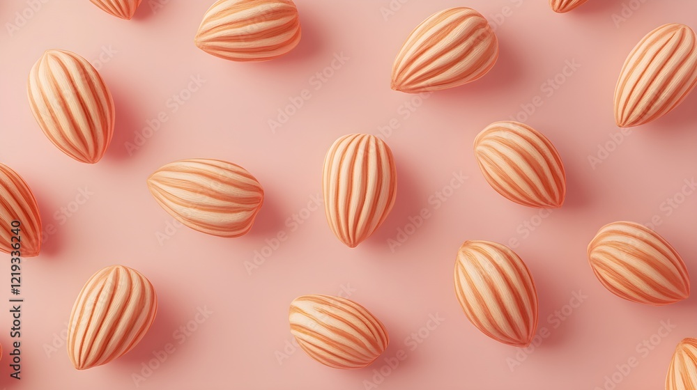 Cluster of Raw Almonds Scattered Across a Pastel Background Cluster of Raw Almonds Scattered Across a Pastel Background