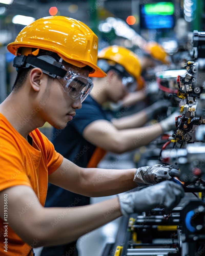 Workers in a manufacturing facility calibrating robotic machinery for precision tasks Workers in a manufacturing facility calibrating robotic machinery for precision tasks