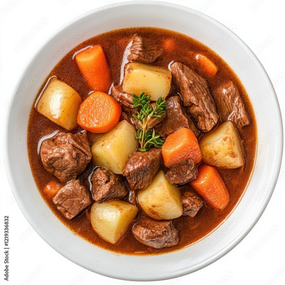 A hearty bowl of beef stew with potatoes and carrots, isolated white background, retro art style A hearty bowl of beef stew with potatoes and carrots, isolated white background, retro art style
