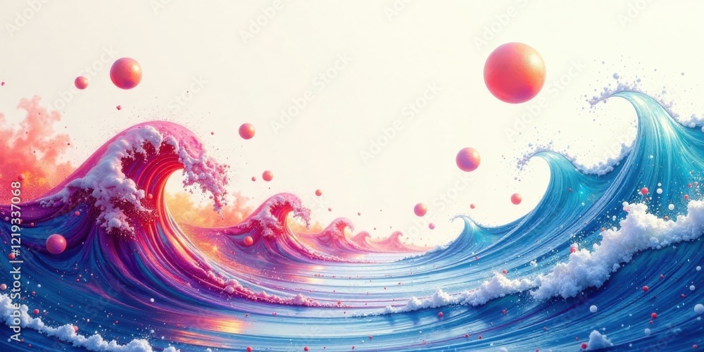 Fototapeta premium Whimsical Ocean Waves with Floating Spheres A Dreamlike Seascape of Pastel Hues and Playful Bubbles