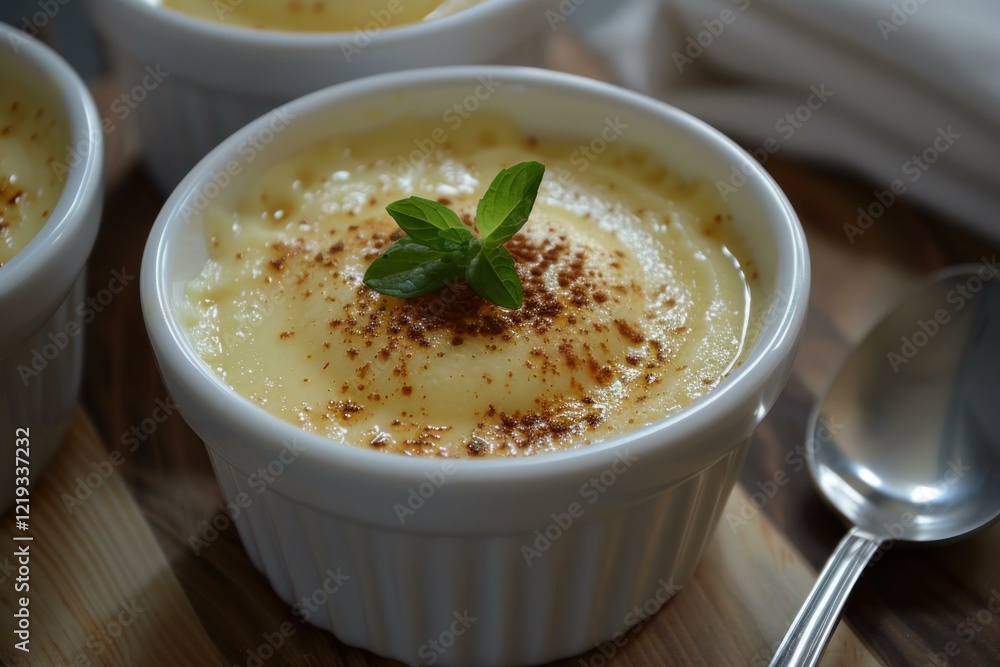 Creamy creme brulee dessert garnished with fresh mint and a sprinkle of cinnamon, served in a white ramekin Creamy creme brulee dessert garnished with fresh mint and a sprinkle of cinnamon, served in a white ramekin
