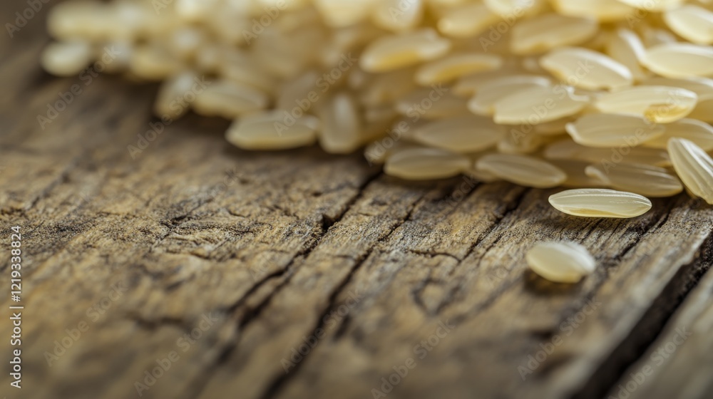 Close-up of uncooked rice grains on a rustic wooden table. Highlighting texture and natural color for food and cooking-related content. Close-up of uncooked rice grains on a rustic wooden table. Highlighting texture and natural color for food and cooking-related content.