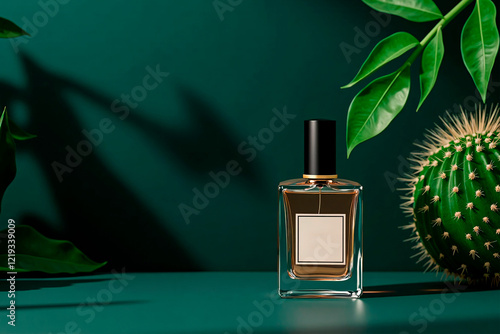 Advertising image of women's perfume, background features a blend of dark and light colors adorned with green leaves and cacti, design conveys sophistication, nature, and freshness,, copy space photo